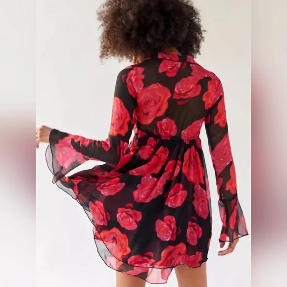 Urban Outfitter Kiki Tie-Front Roses Mini Dress Long Bell Sleeve Cutout Coquette - Picture 3 of 14